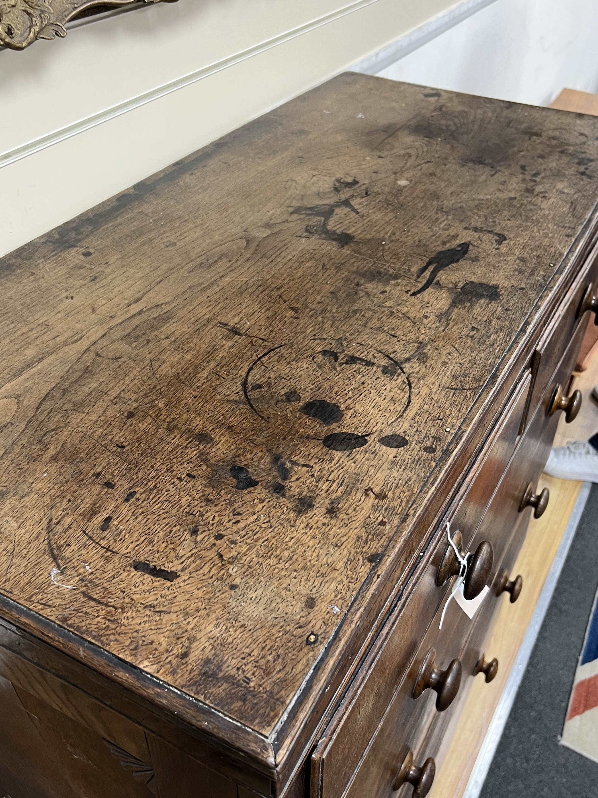 A George IV oak six drawer chest, width 110cm, depth 51cm, height 134cm